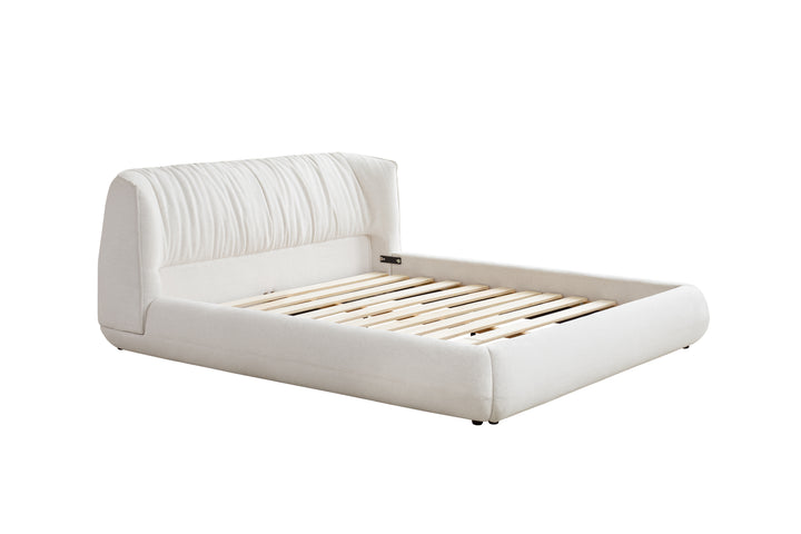 White bed frame with wooden slats on a white background