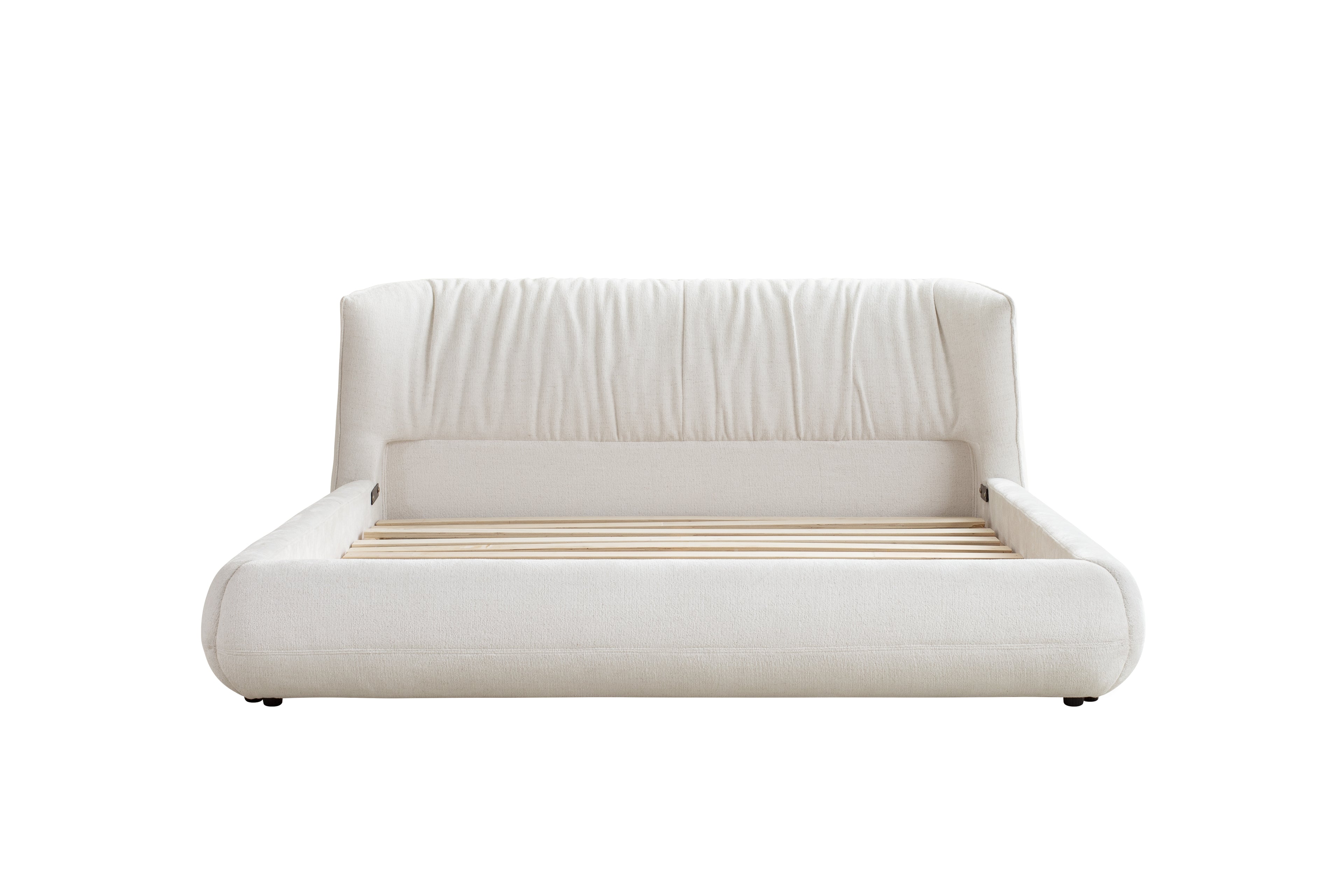 White bed with wooden slats on a white background