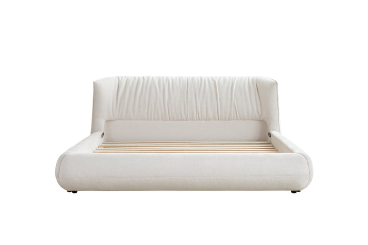White bed with wooden slats on a white background