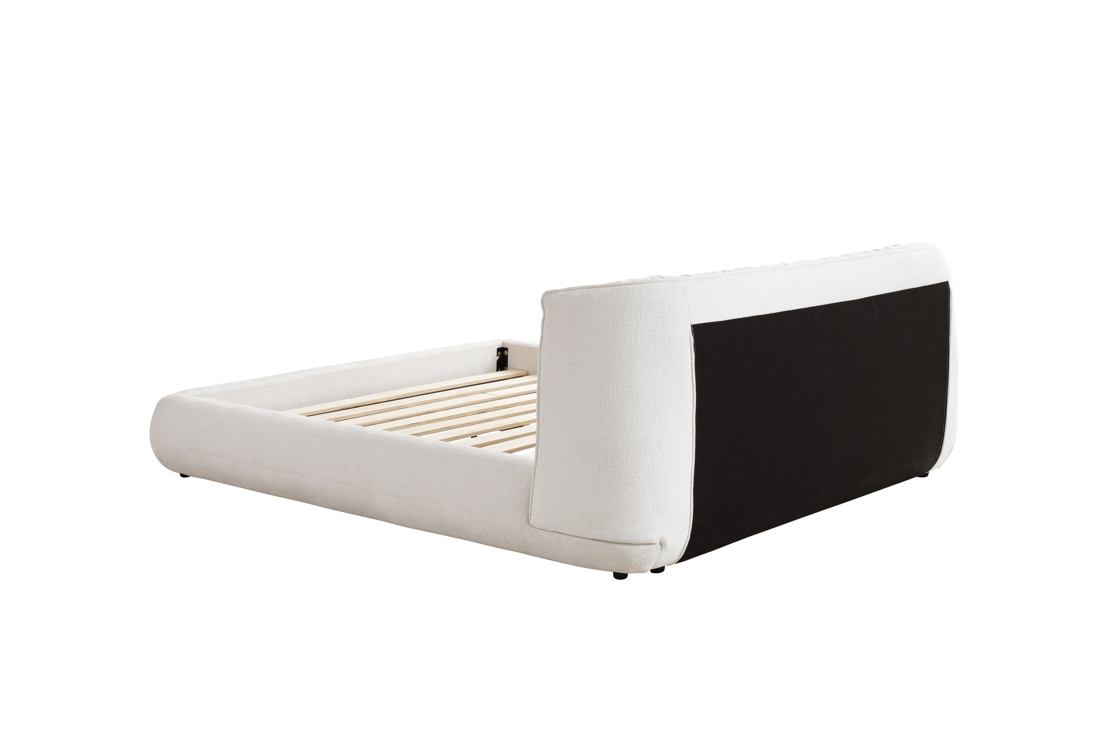 White bed frame with black headboard on a white background