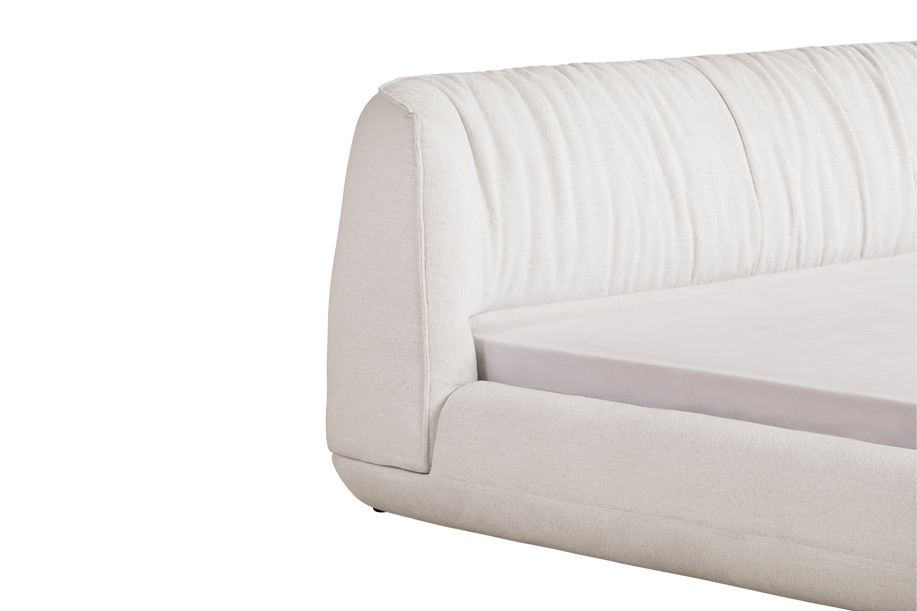 Close-up of a beige sofa with striped pattern on a white background