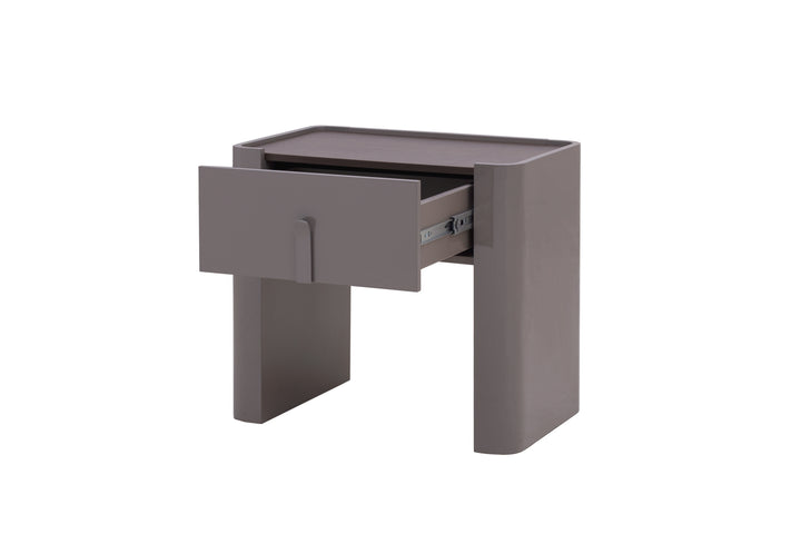 Gray side table with a drawer on a white background