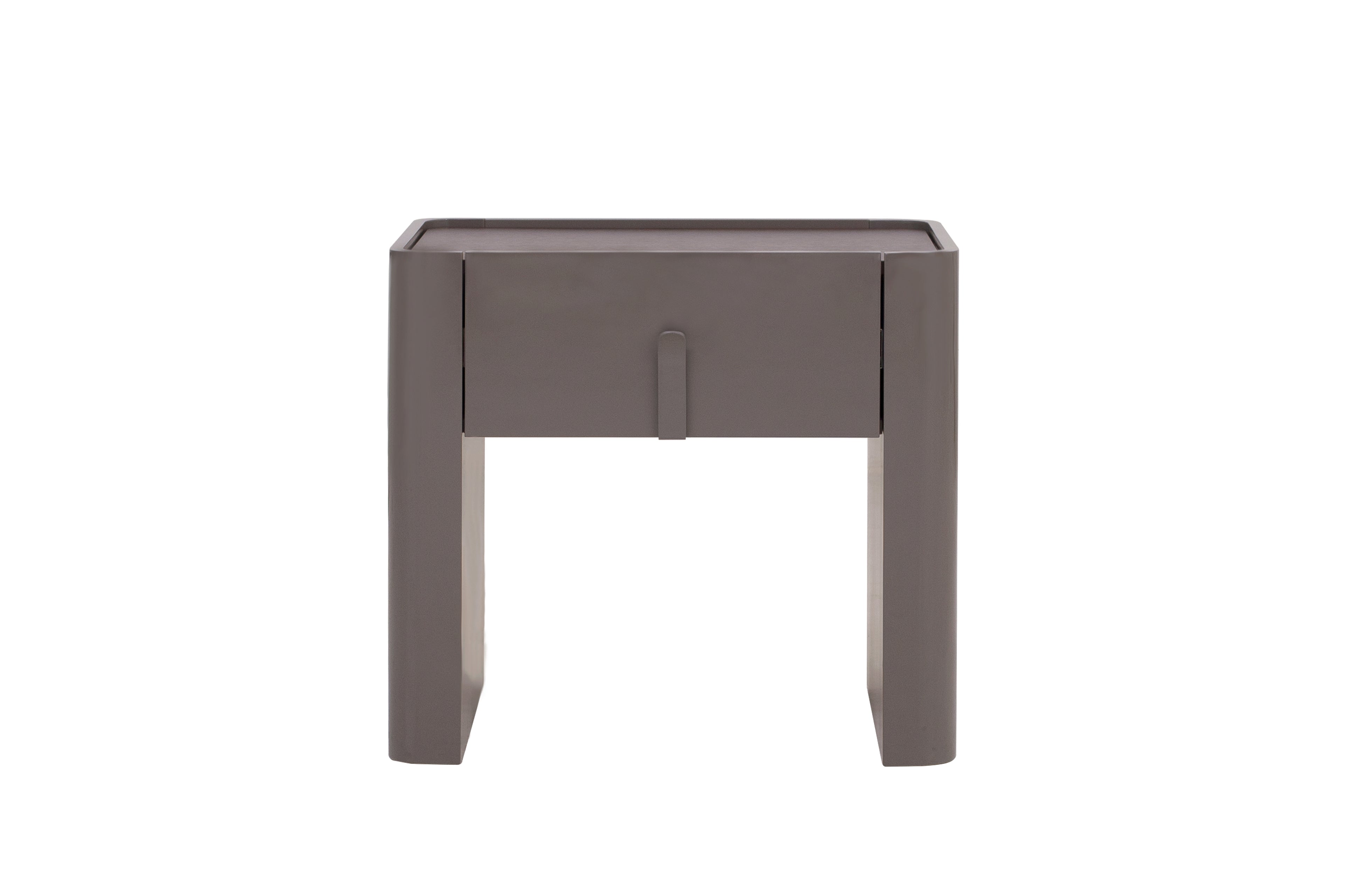 Gray side table with a drawer on a white background
