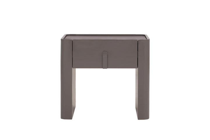 Gray side table with a drawer on a white background