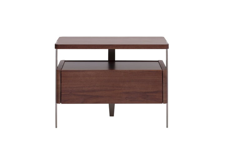 Wooden side table with a drawer on a white background