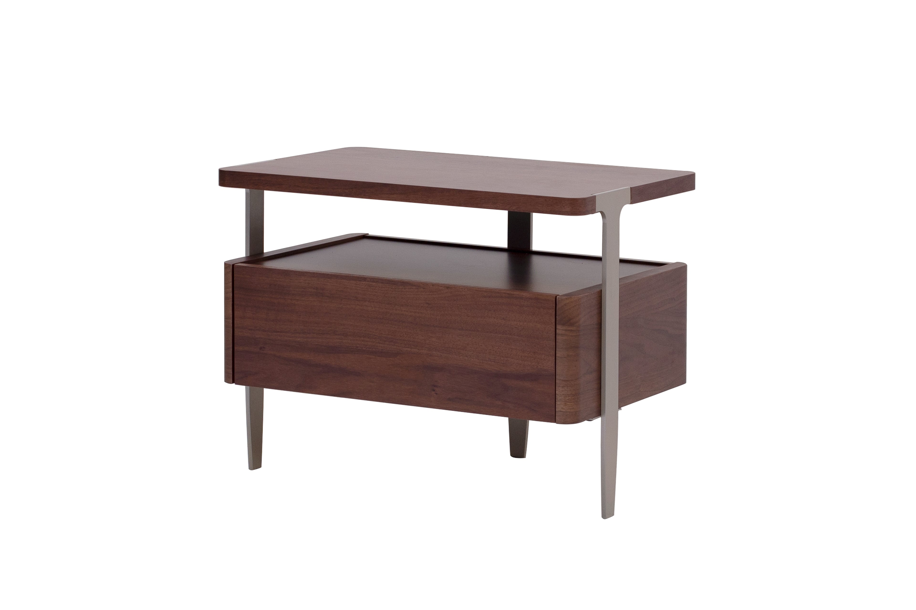 Wooden side table with a drawer on a white background