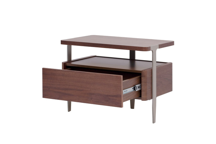Wooden side table with open drawer on a white background