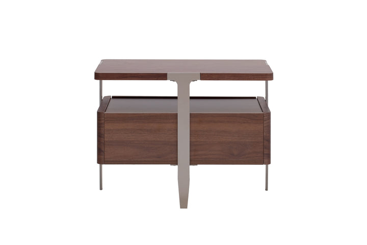 Wooden side table with a drawer on a white background