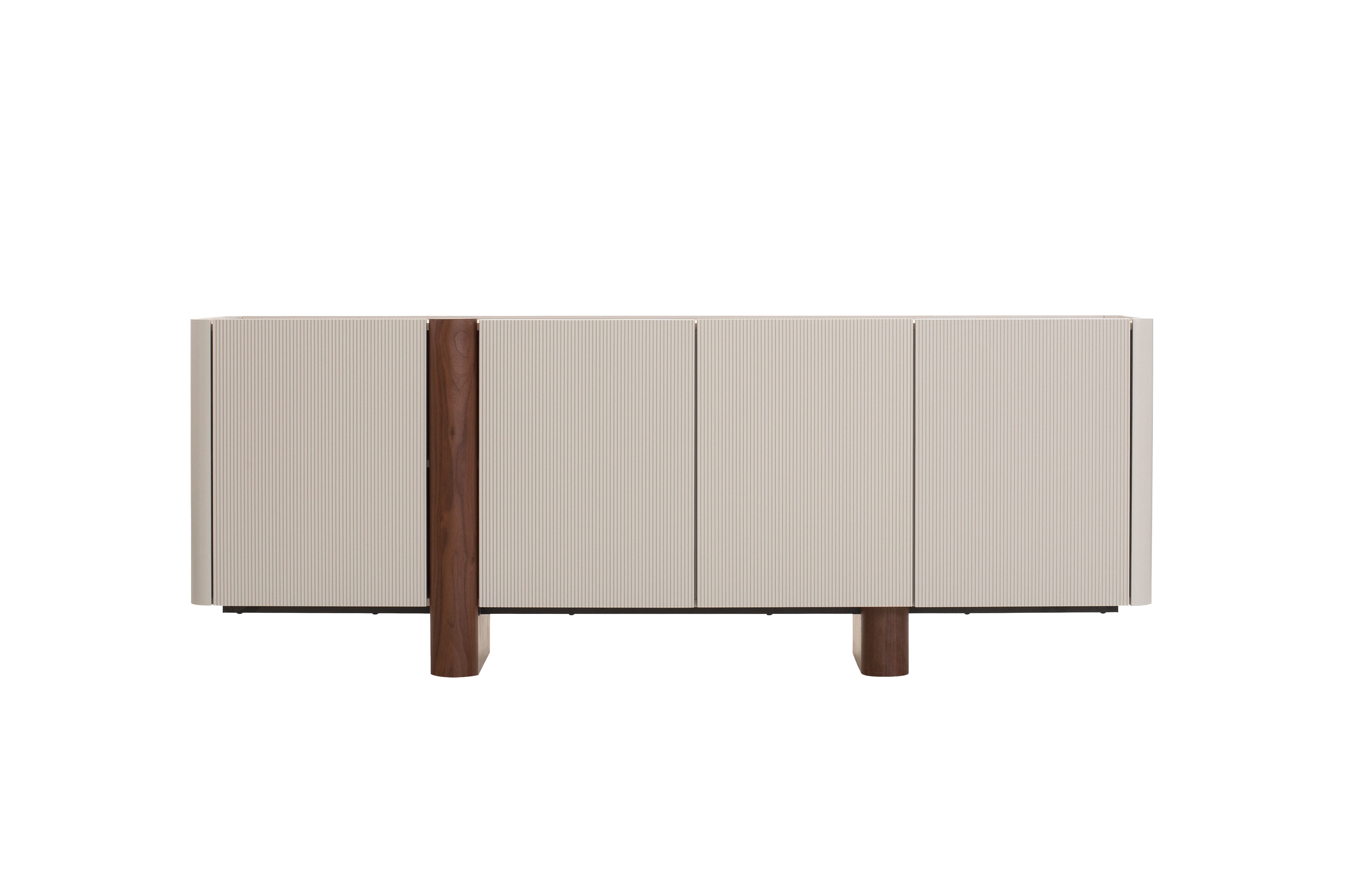 Modern sideboard with beige panels and wooden accents on a white background