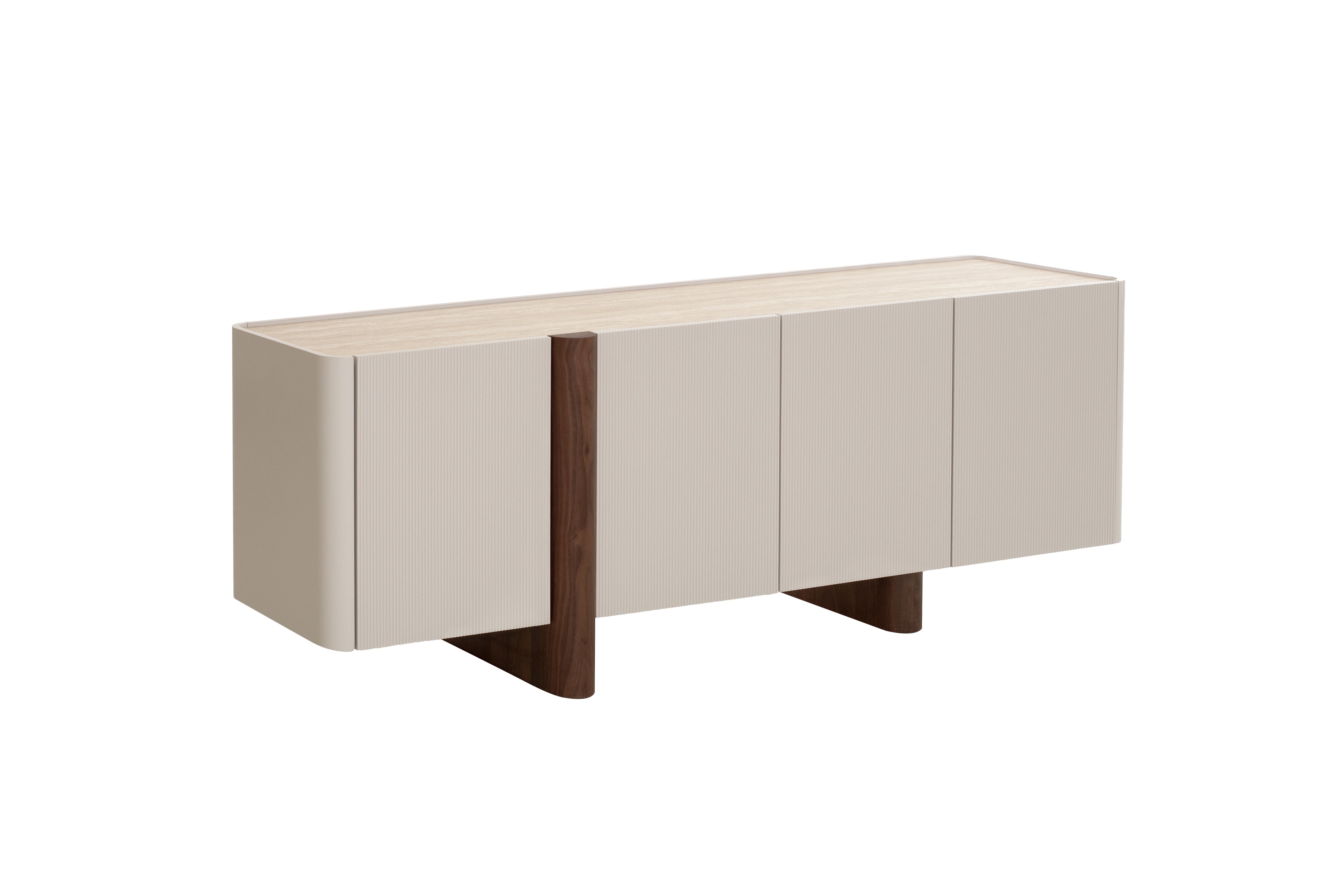Modern sideboard with beige doors and wooden base on a white background