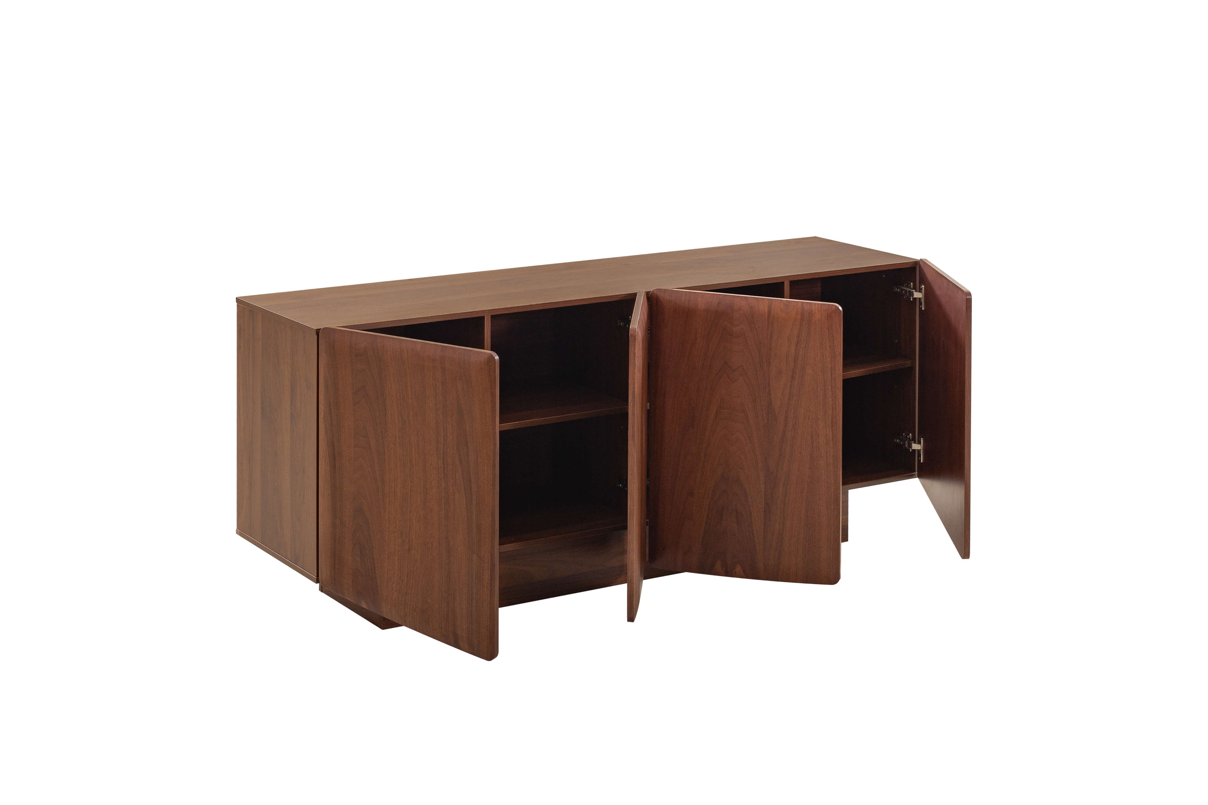 Wooden sideboard with open doors on a white background