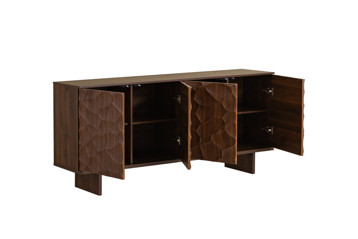 Wooden sideboard with open doors on a white background