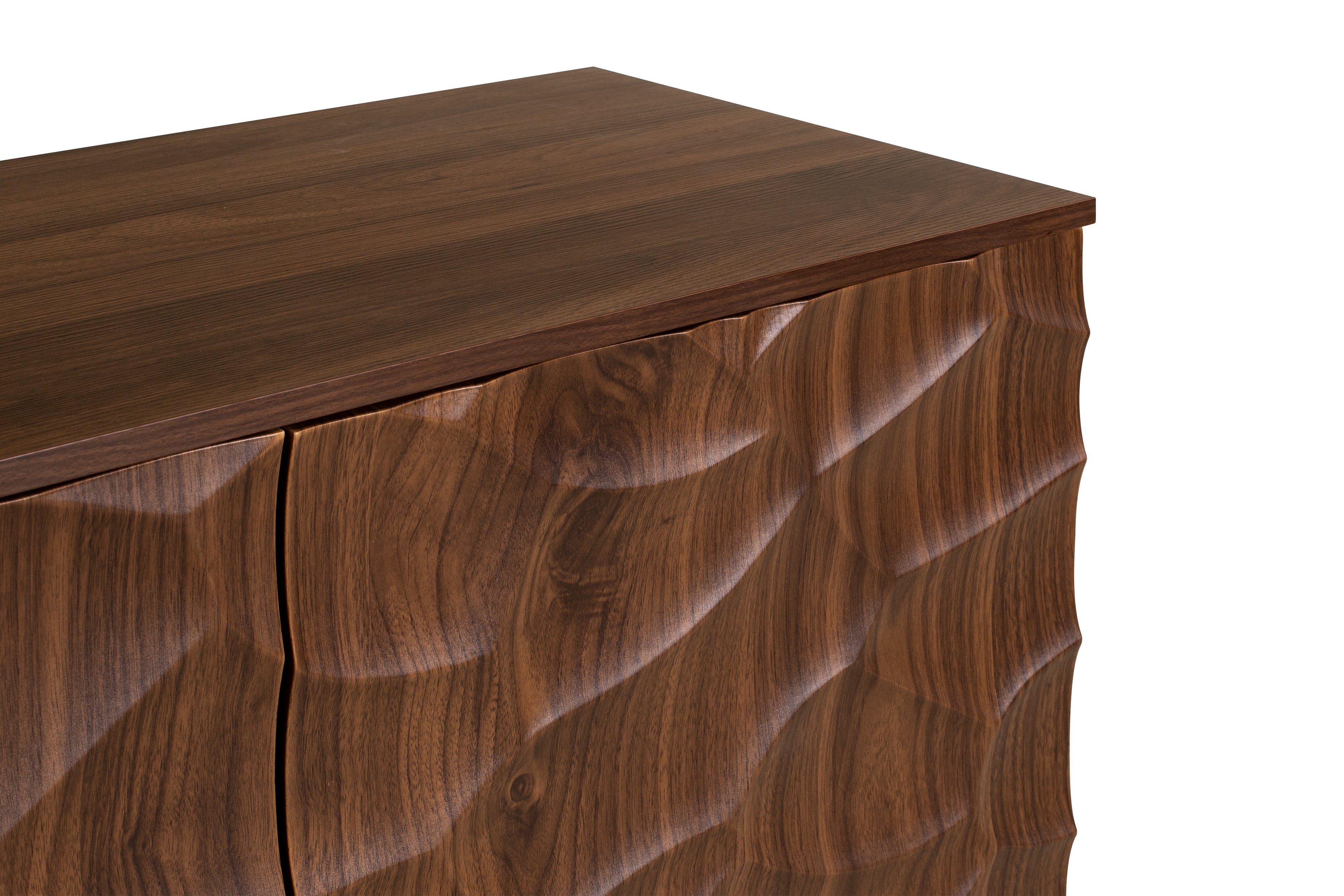 Wooden dresser with a textured surface on a white background