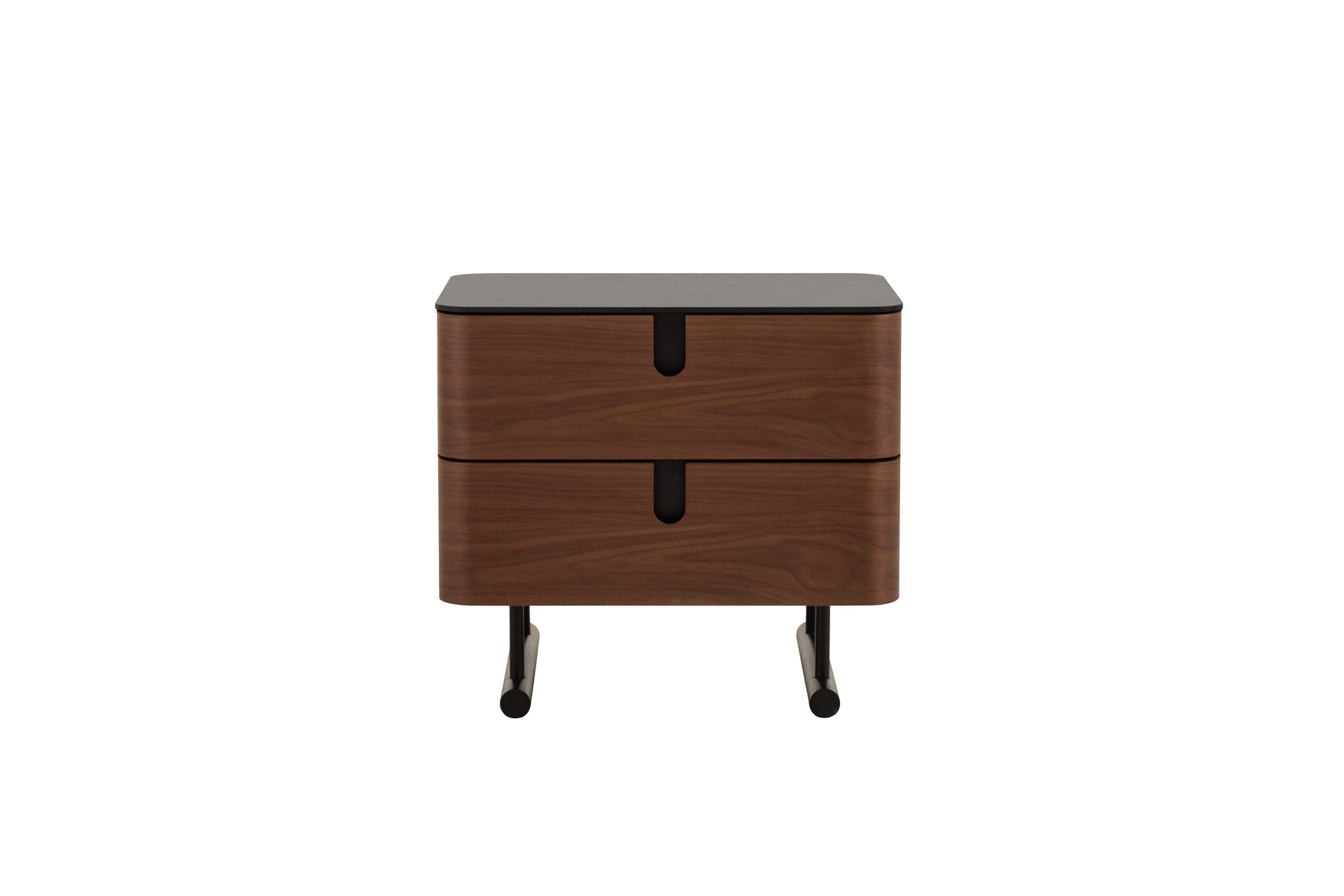 Wooden nightstand with two drawers on a white background