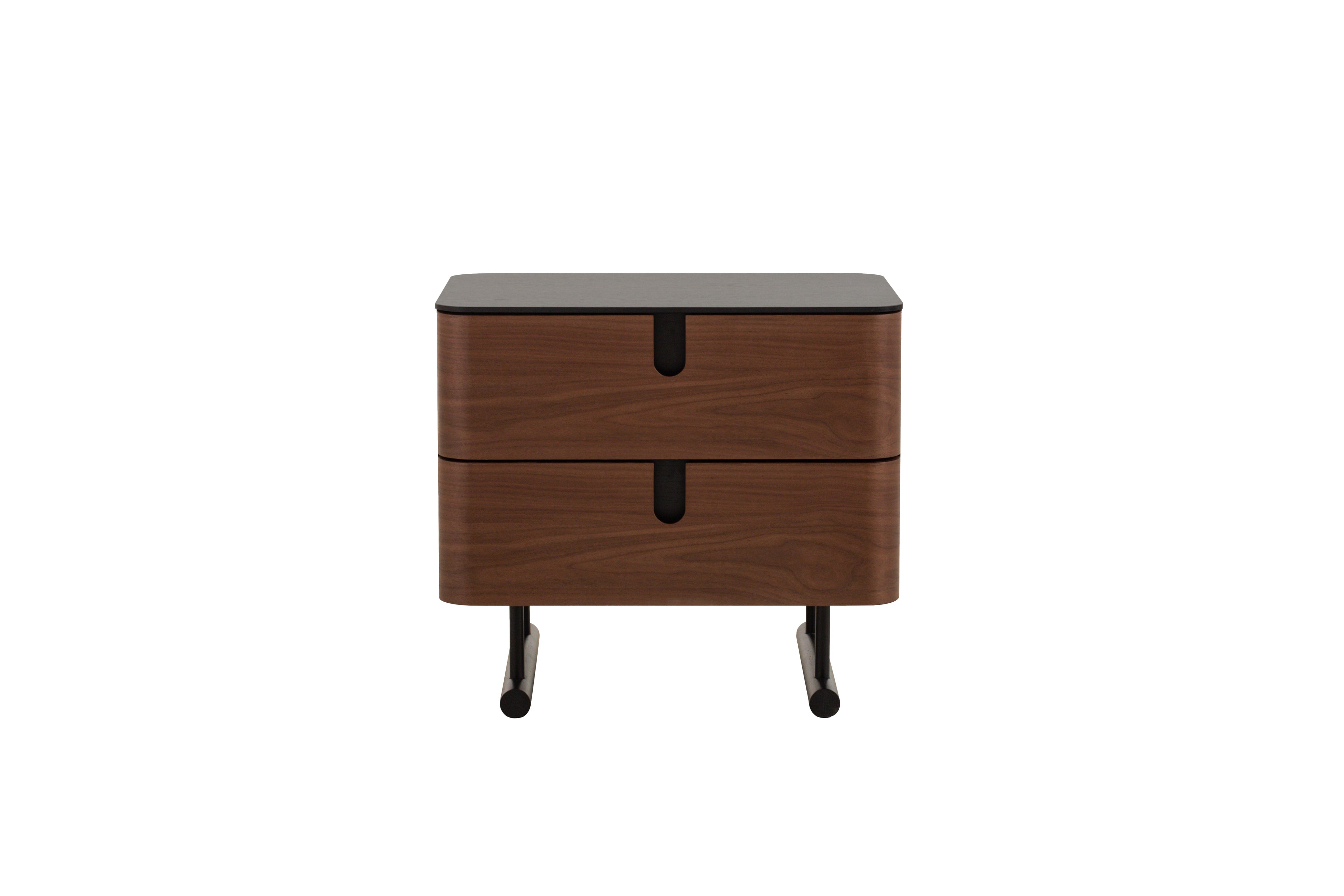 Wooden nightstand with two drawers on a white background