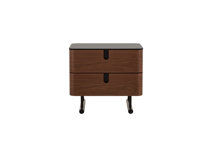 Wooden nightstand with two drawers on a white background