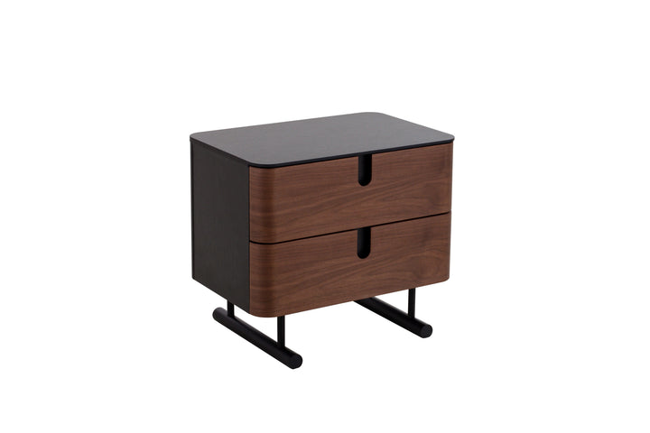 Two-drawer nightstand with black top and wooden drawers on a white background