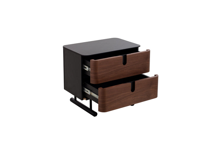 Two-toned nightstand with black and wood finish on a white background