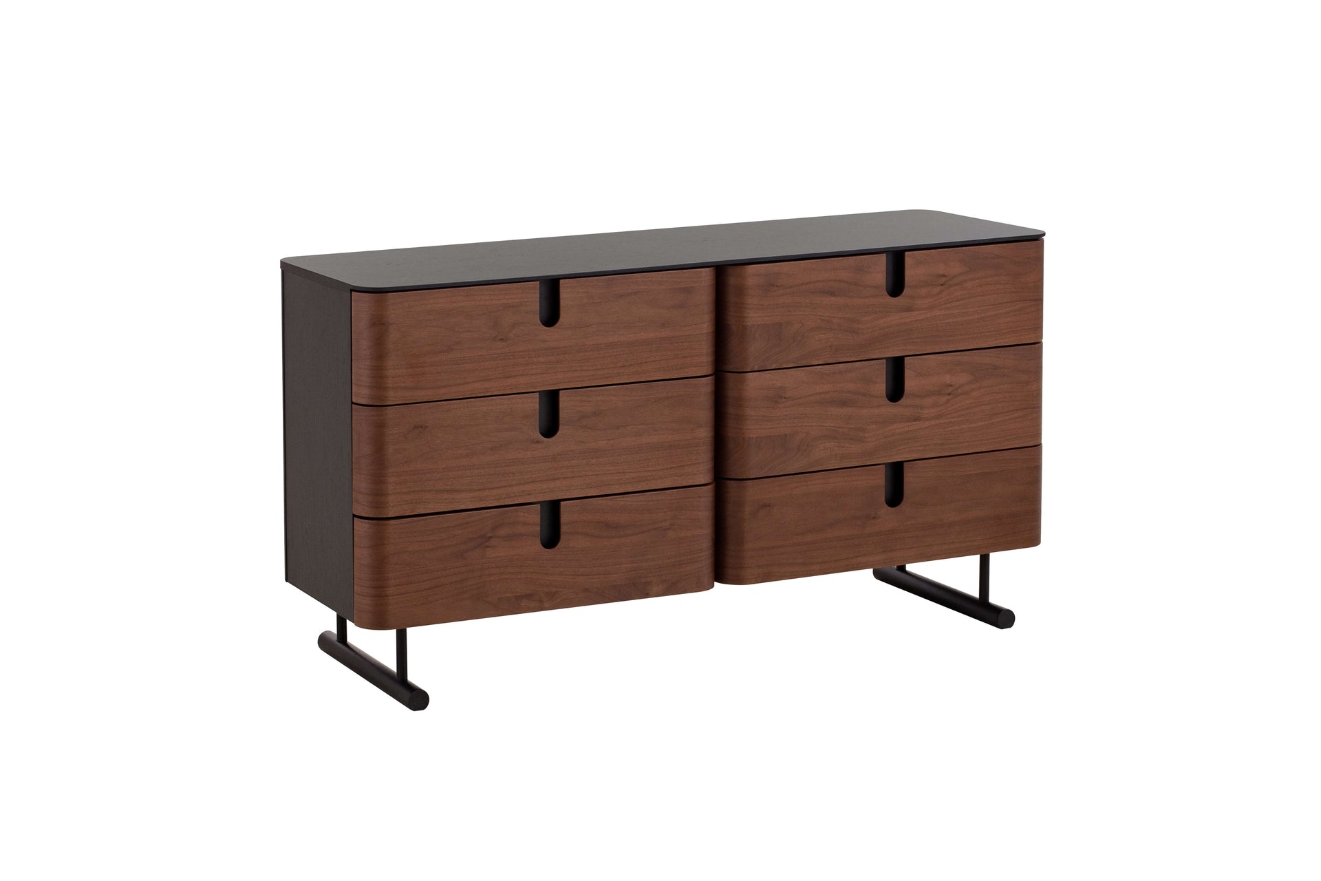 Wooden dresser with black top and legs on a white background