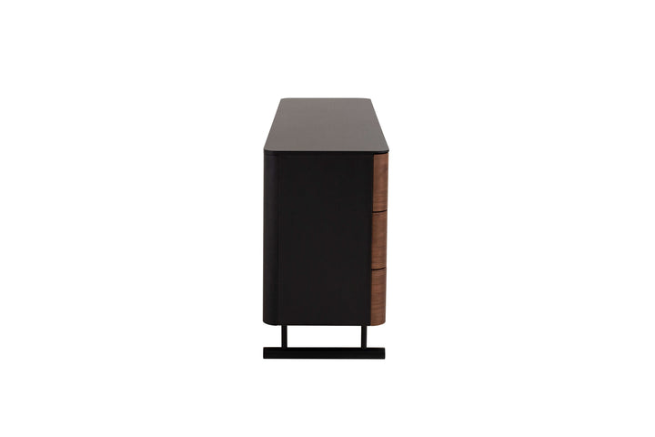 Modern sideboard with dark finish and wooden accents on a white background
