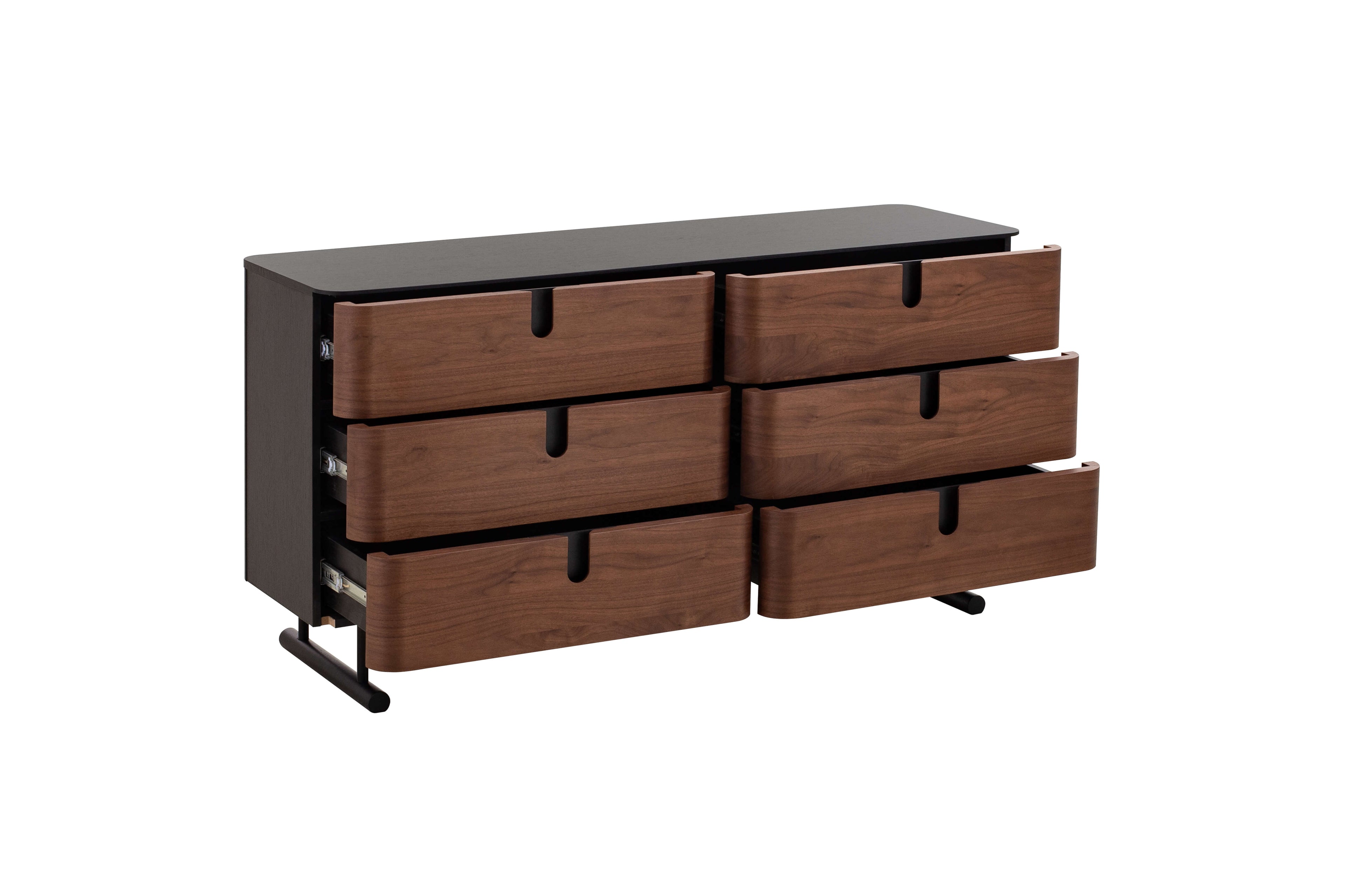 Wooden dresser with six drawers on a white background