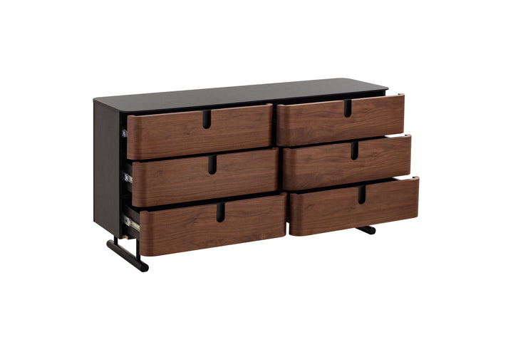 Wooden dresser with six drawers on a white background