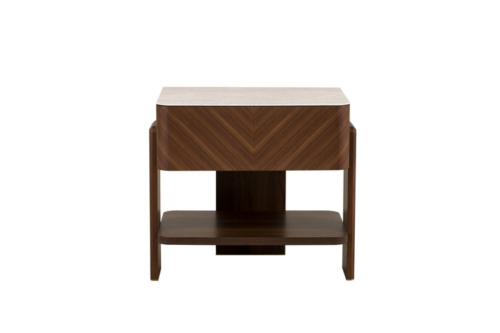 Wooden side table with a white top on a white background