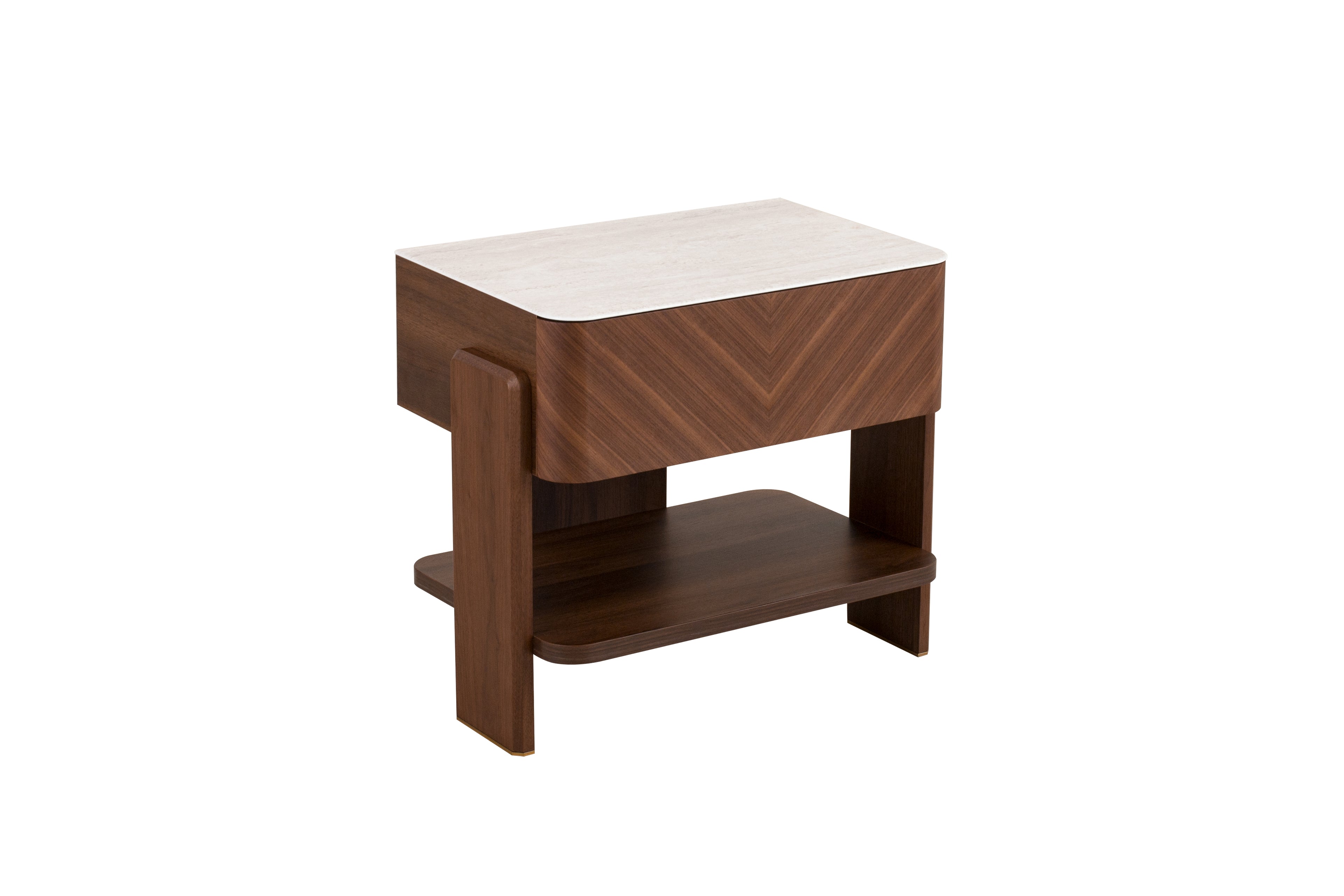 Wooden side table with a white marble top on a white background
