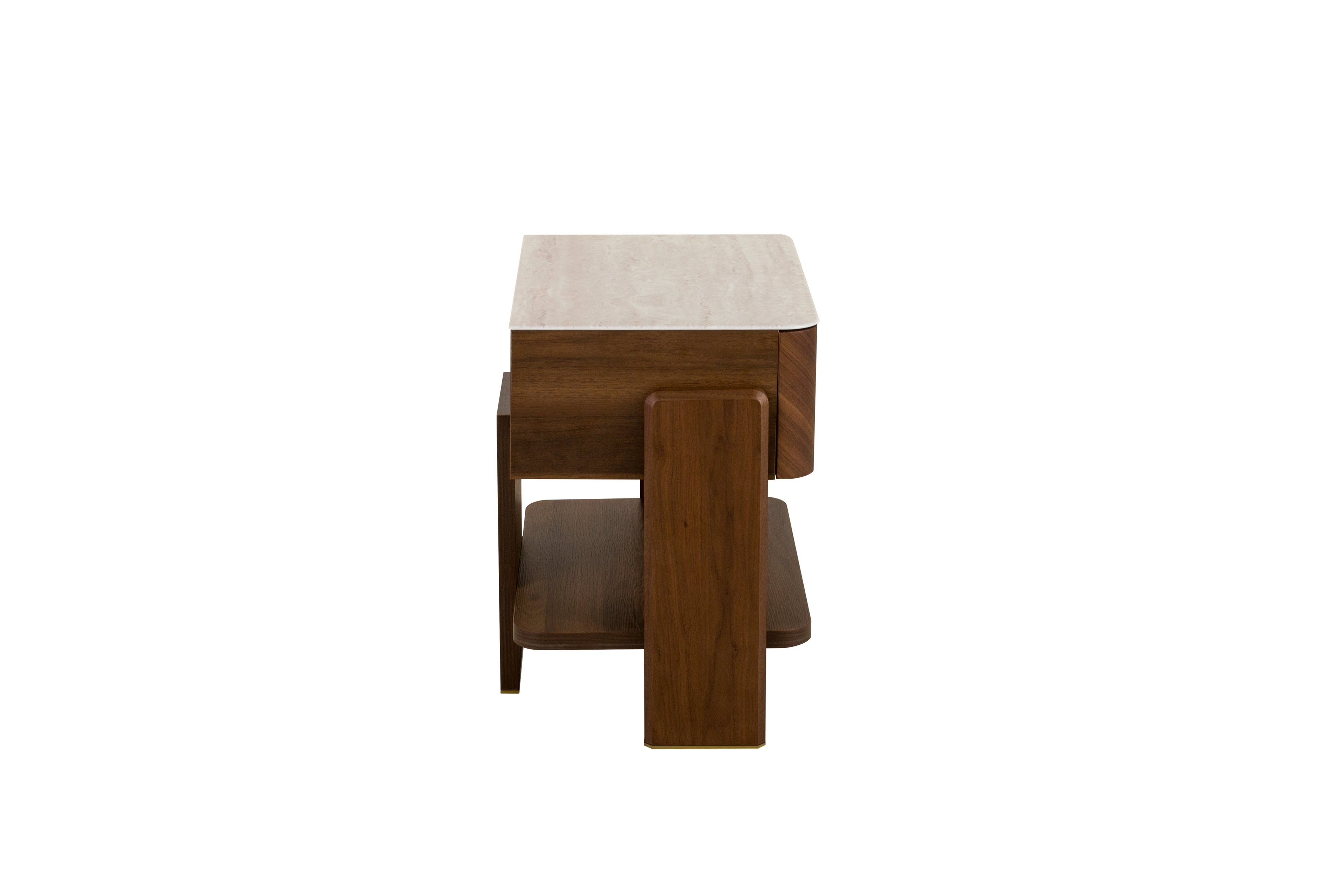 Wooden side table with a marble top on a white background
