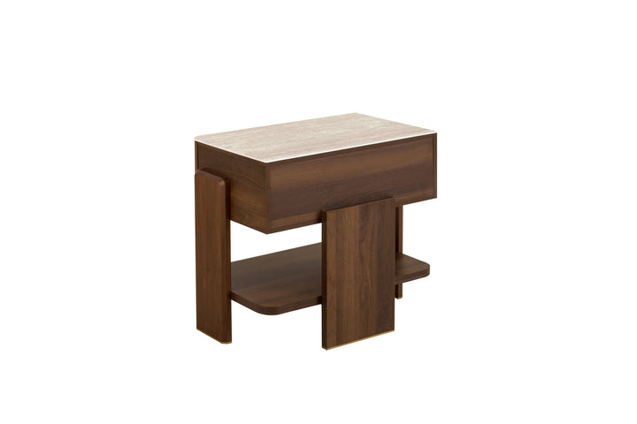 Wooden side table with a white top on a white background