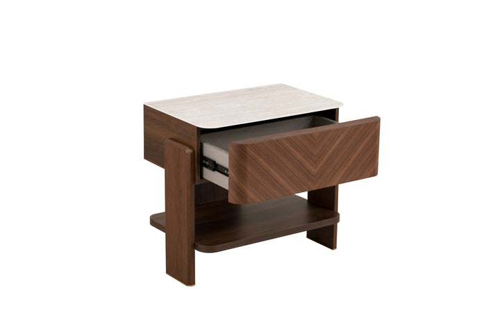 Wooden side table with a drawer and white surface on a white background
