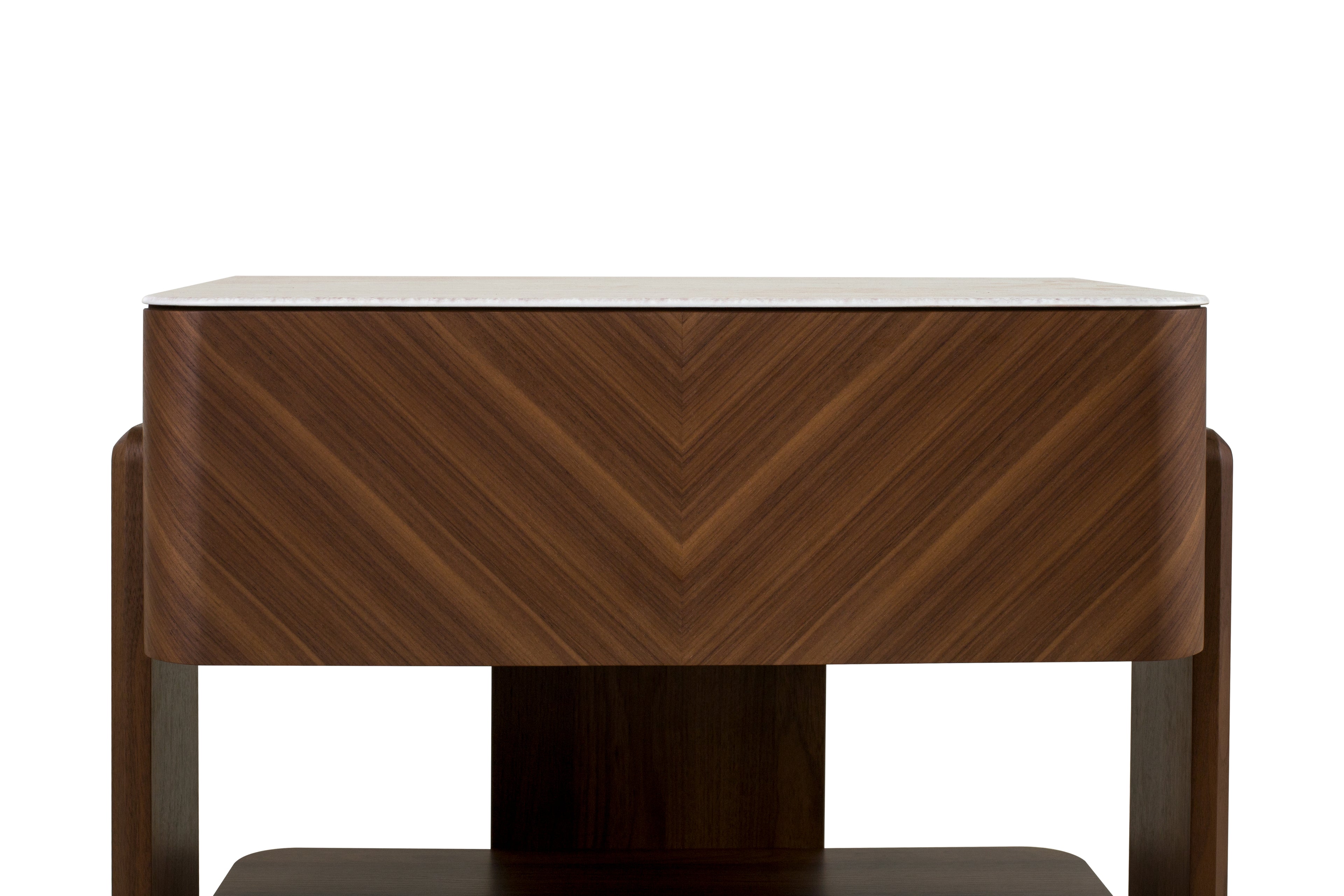 Wooden side table with chevron pattern on a white background