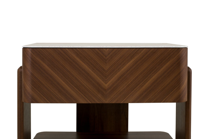 Wooden side table with chevron pattern on a white background