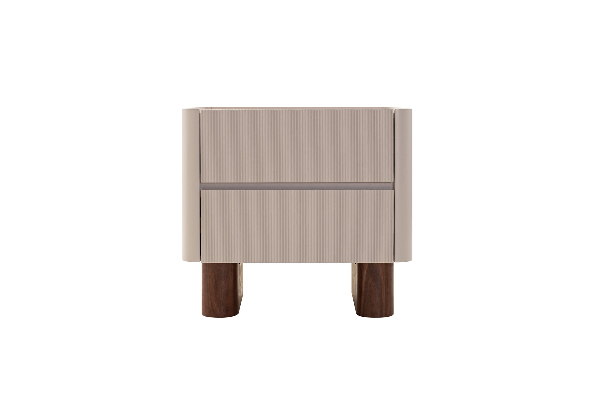 Beige nightstand with wooden legs on a white background