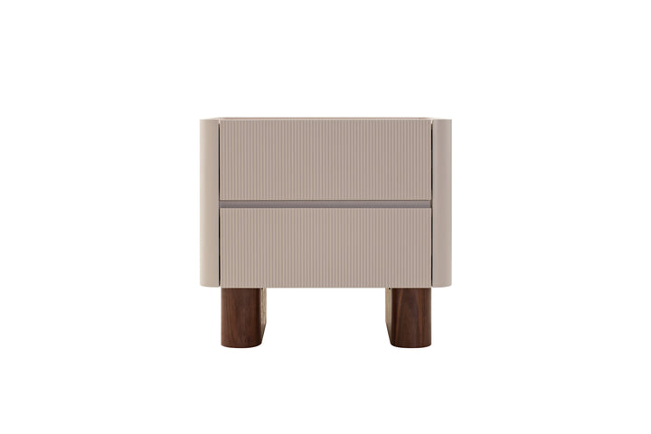 Beige nightstand with wooden legs on a white background