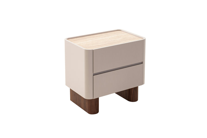 Beige nightstand with wooden legs on a white background