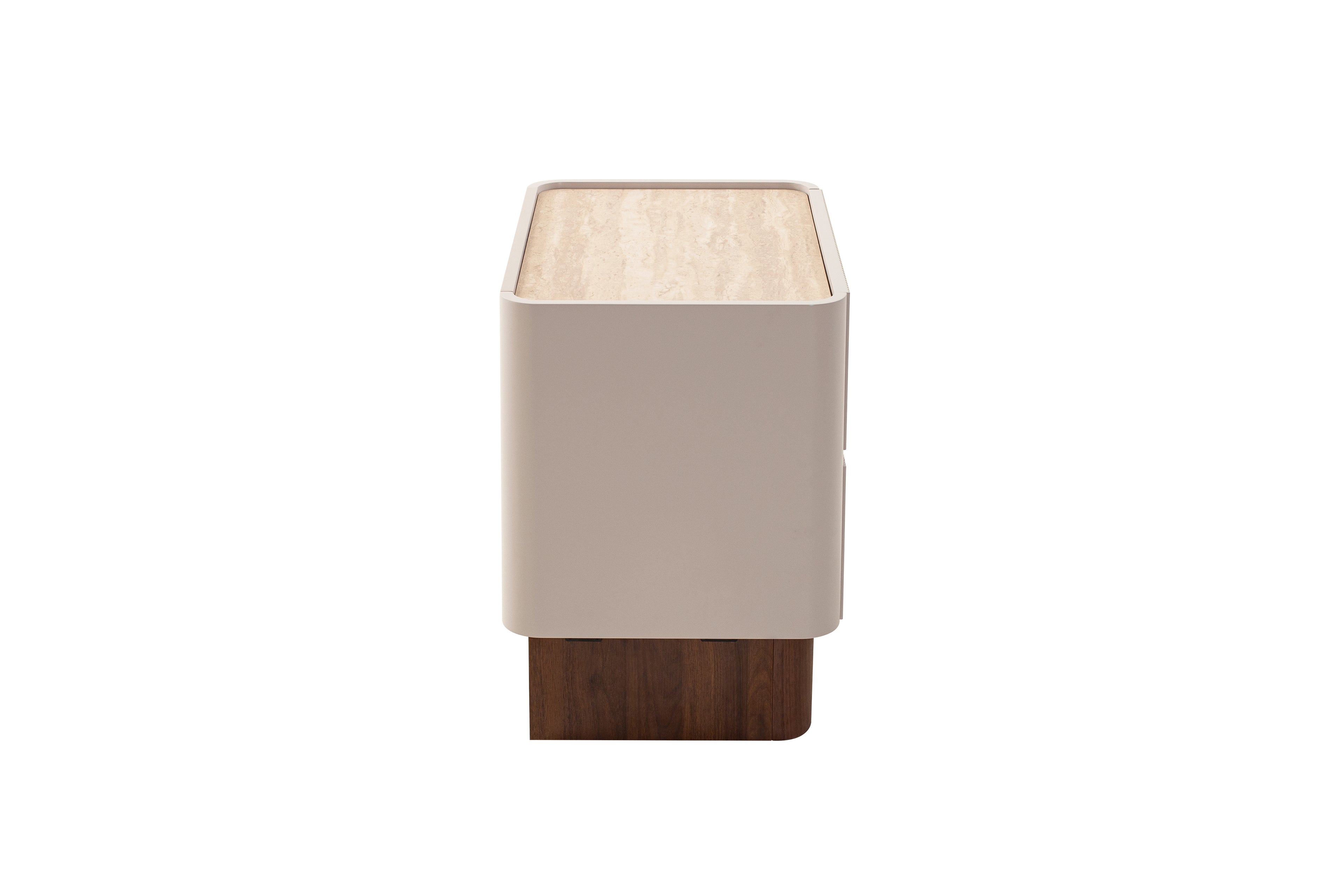 Square table lamp with beige shade and wooden base on a white background