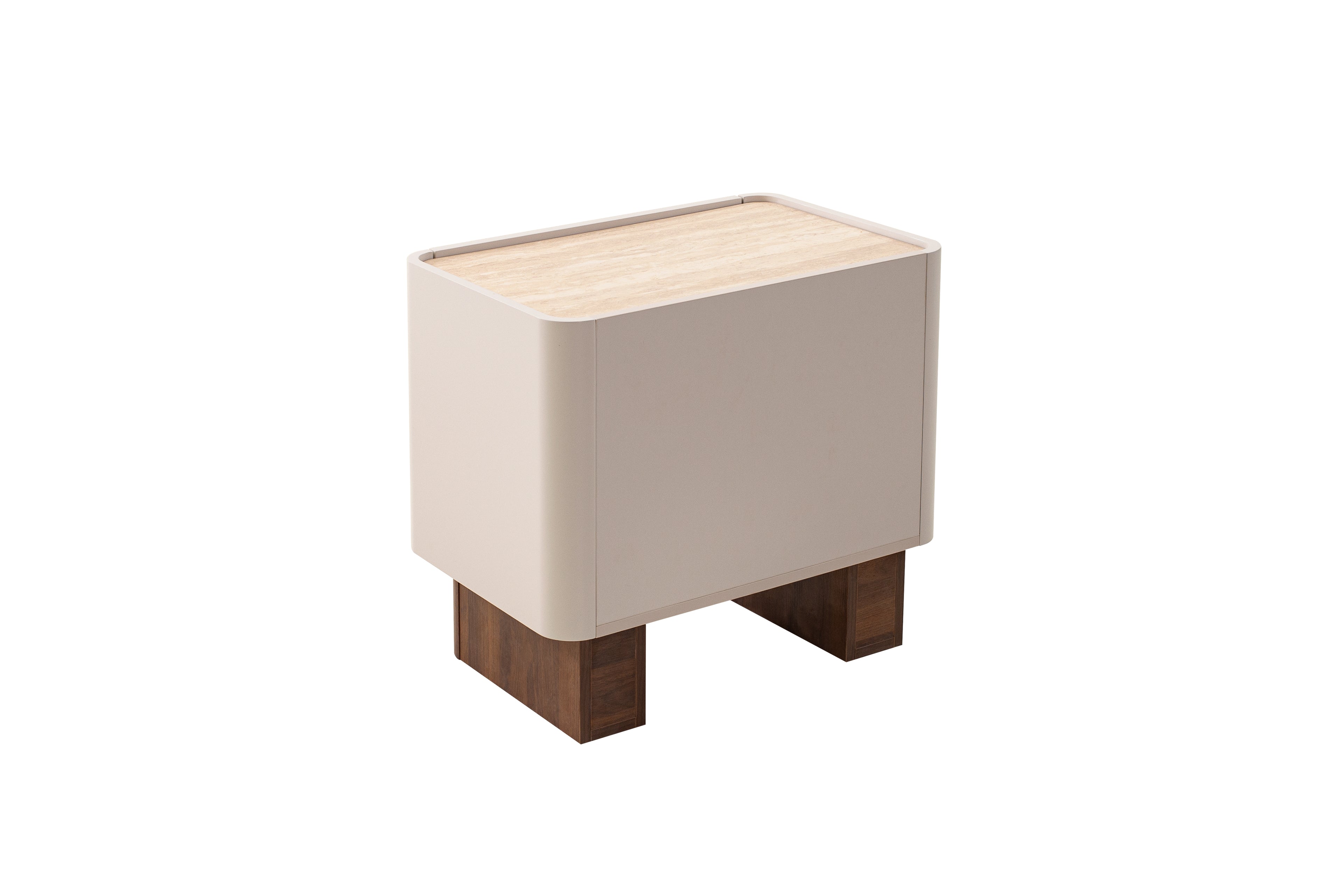 Small wooden table with a white top and brown legs on a white background