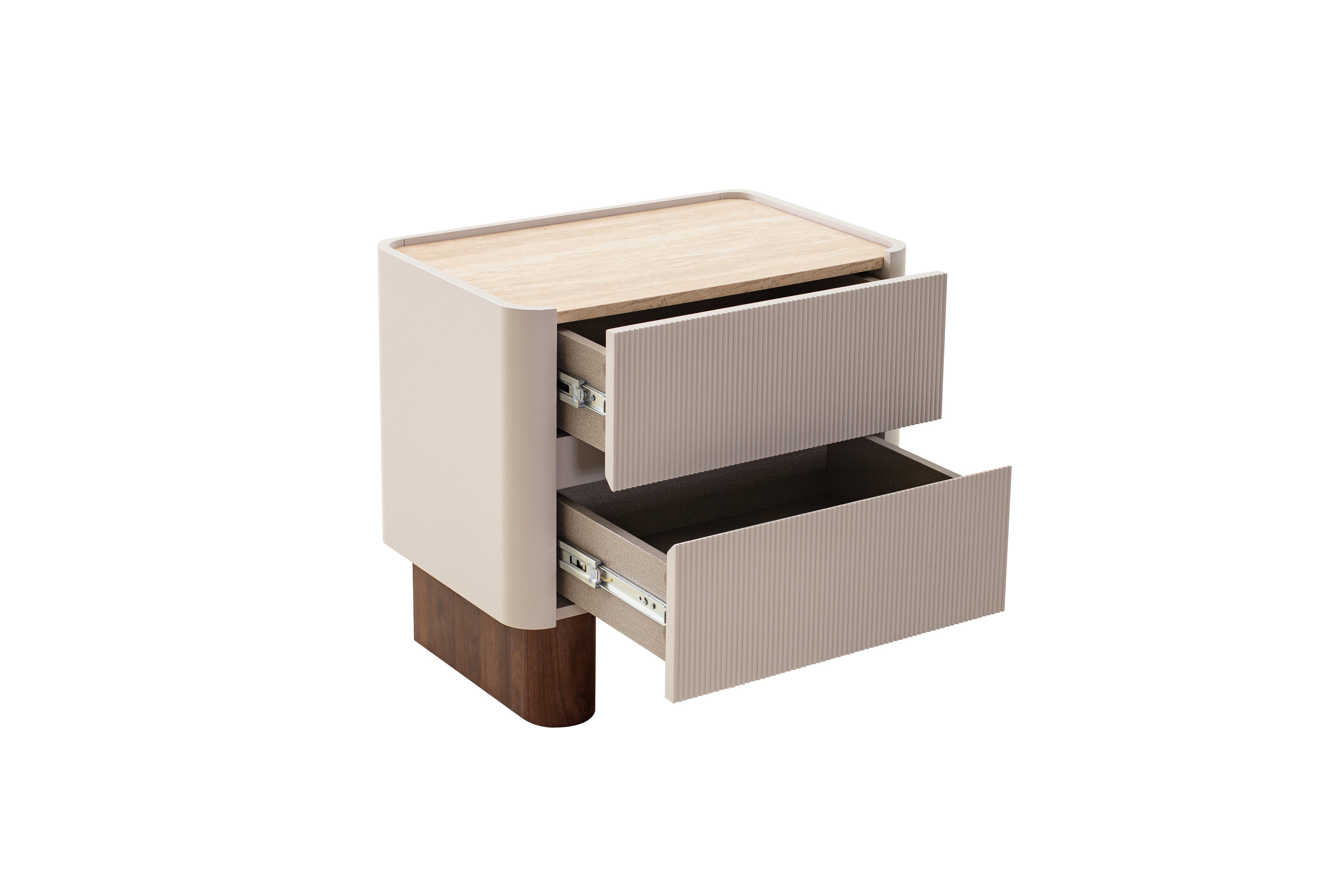 Two-drawer nightstand with a wooden base on a white background