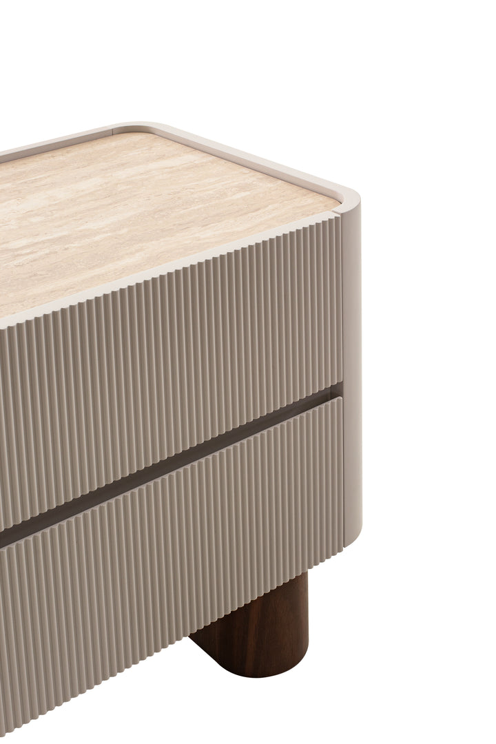 Modern side table with wooden top and striped pattern on a white background