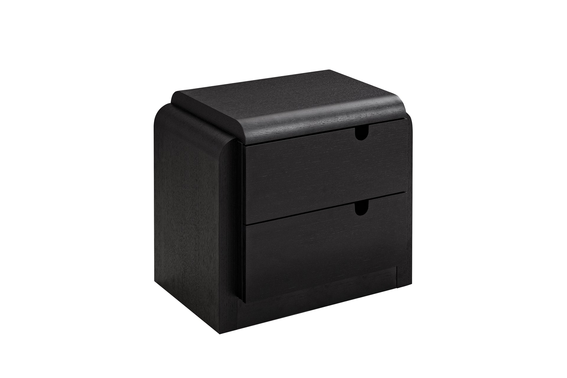 Black storage ottoman with two drawers on a white background