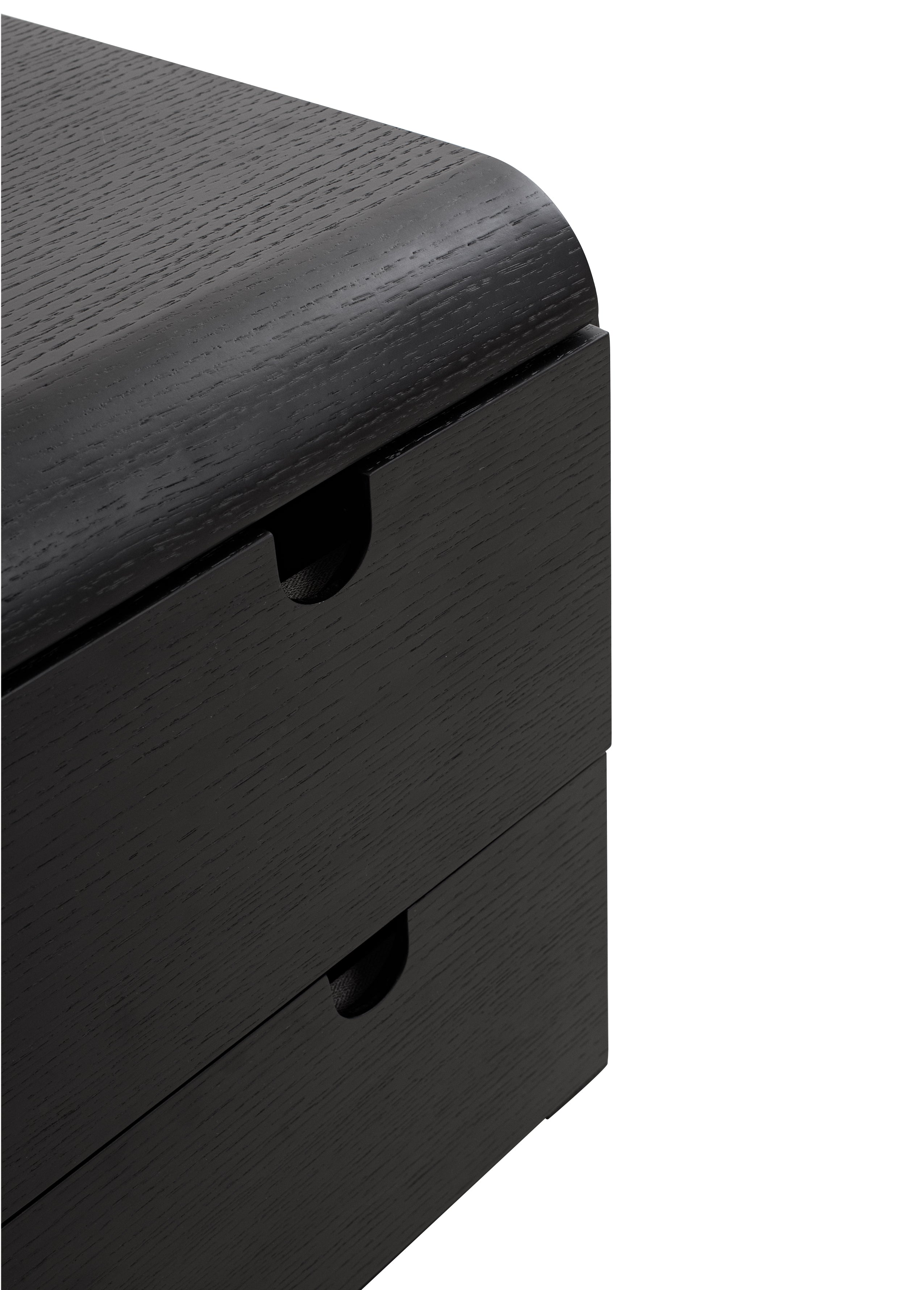 Black nightstand with two drawers on a white background