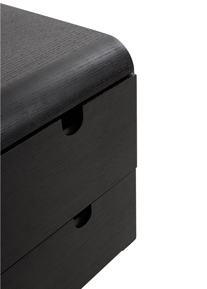Black nightstand with two drawers on a white background