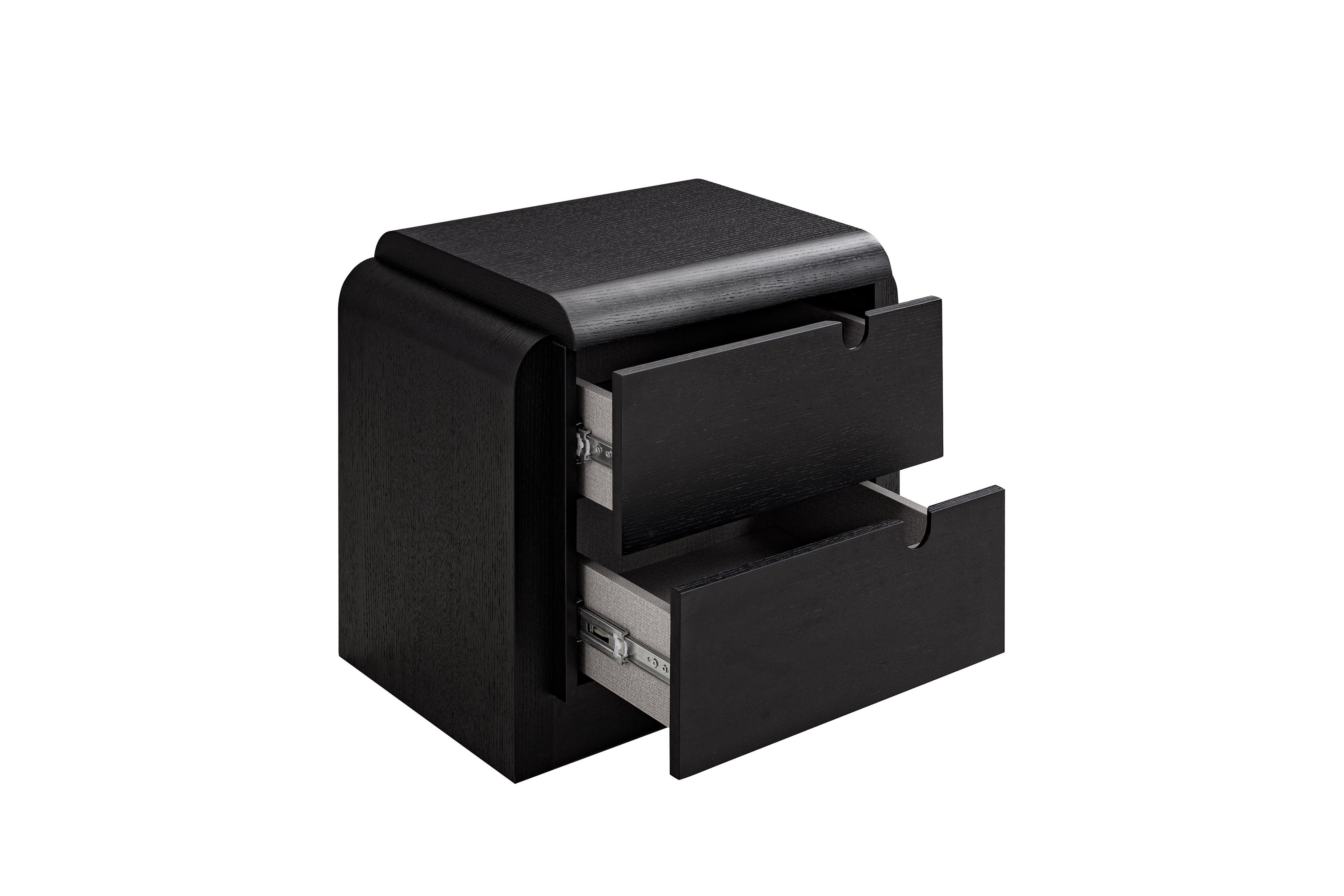 Black metal file cabinet with two drawers on a white background
