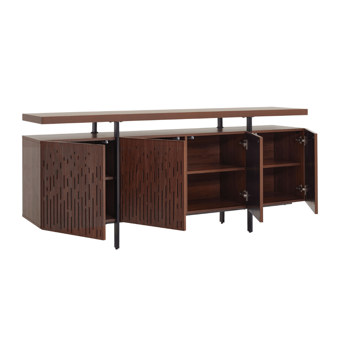 Wooden sideboard with open doors on a white background