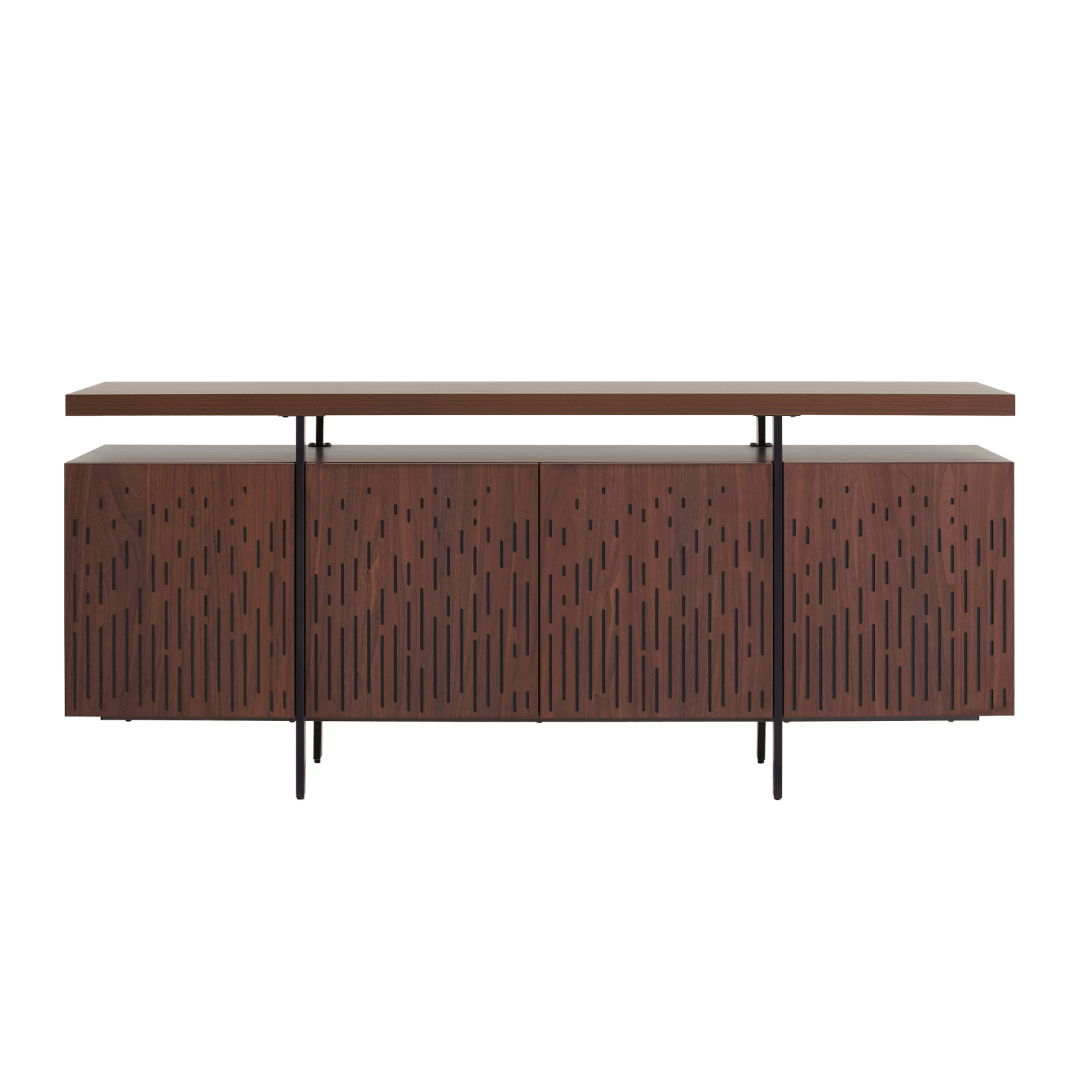 Wooden sideboard with a patterned design on a white background