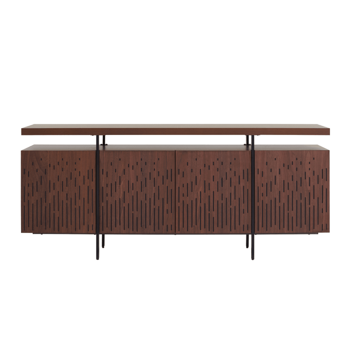 Wooden sideboard with a patterned design on a white background