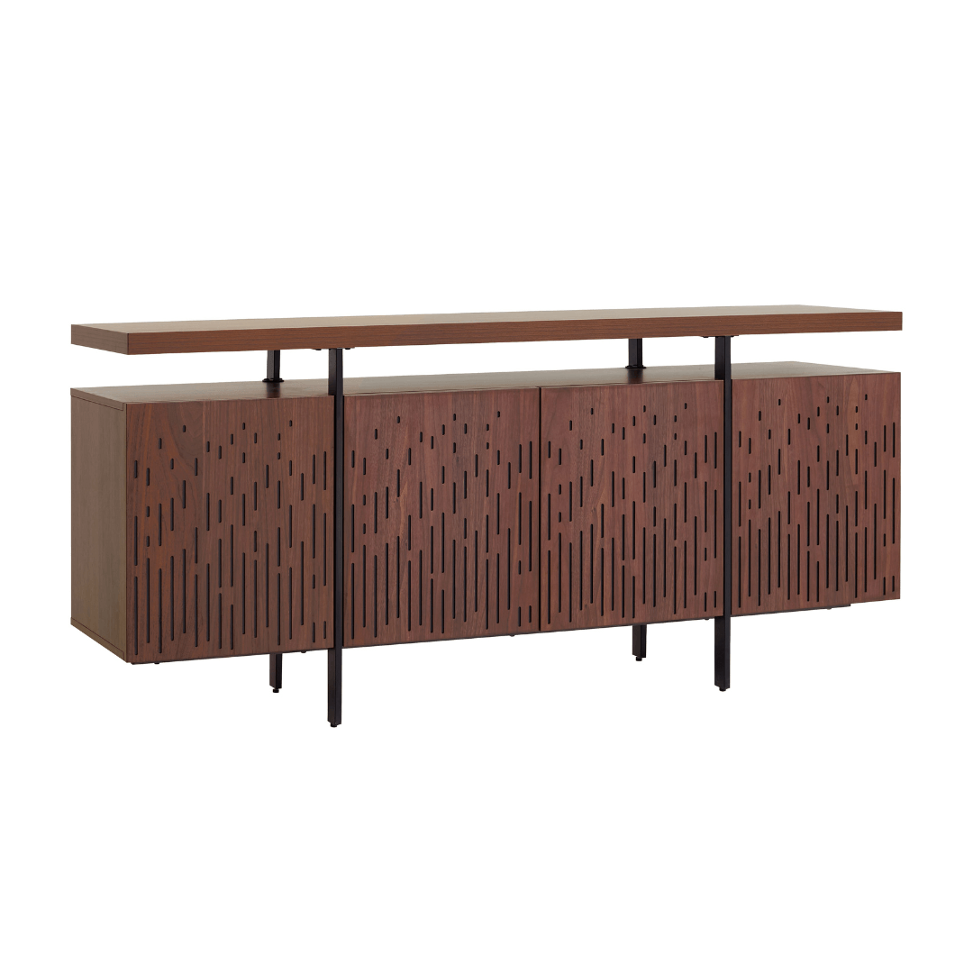 Wooden sideboard with a patterned design on a white background
