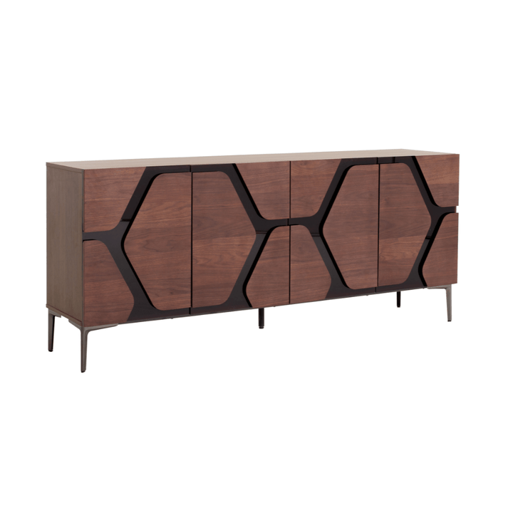 Wooden sideboard with geometric design on a white background