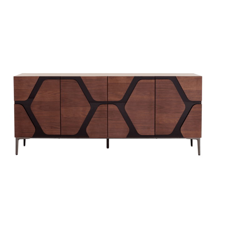 Wooden sideboard with geometric design on a white background